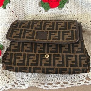 Fendi Brown and Black Clutch with Iconic Logo